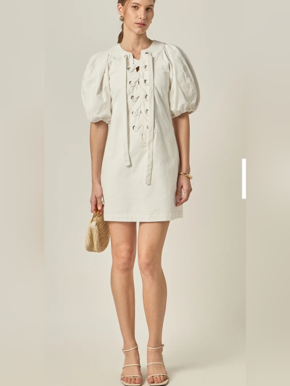English Factory Ivory Puff-Sleeve Lace-Up Mini Dress Medium NWT